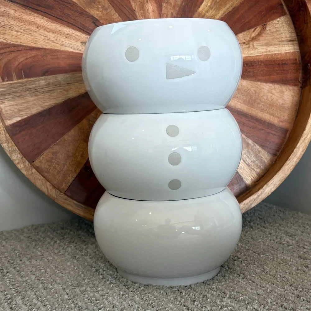 CRATE & BARREL 3PC. SNOWMAN STACKABLE BOWL SET. Great for dips, candy, etc.